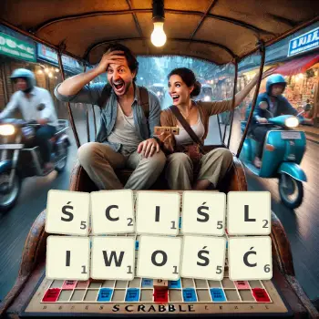 Kreatywna ilustracja do gry w Scrabble ze słowem ŚCIŚLIWOŚĆ ułożonym z płytek na planszy.