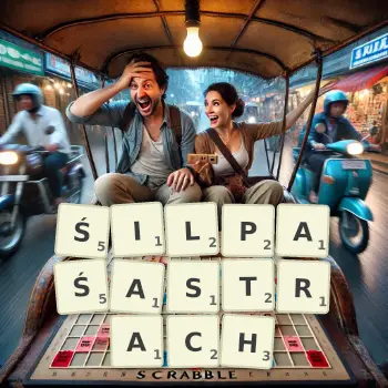 Kreatywna ilustracja do gry w Scrabble ze słowem ŚILPAŚASTRACH ułożonym z płytek na planszy.