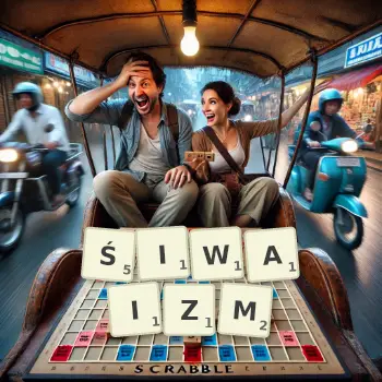 Kreatywna ilustracja do gry w Scrabble ze słowem ŚIWAIZM ułożonym z płytek na planszy.