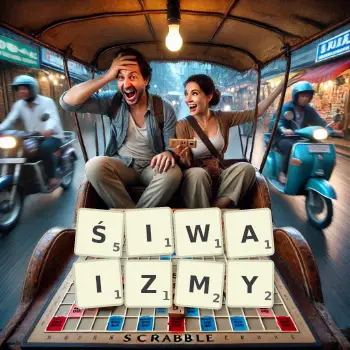 Kreatywna ilustracja do gry w Scrabble ze słowem ŚIWAIZMY ułożonym z płytek na planszy.