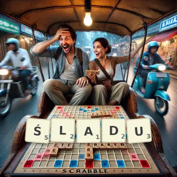 Kreatywna ilustracja do gry w Scrabble ze słowem ŚLADU ułożonym z płytek na planszy.