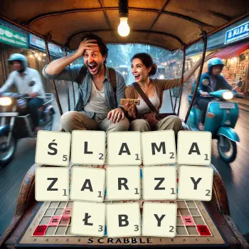Kreatywna ilustracja do gry w Scrabble ze słowem ŚLAMAZARZYŁBY ułożonym z płytek na planszy.