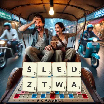 Kreatywna ilustracja do gry w Scrabble ze słowem ŚLEDZTWA ułożonym z płytek na planszy.