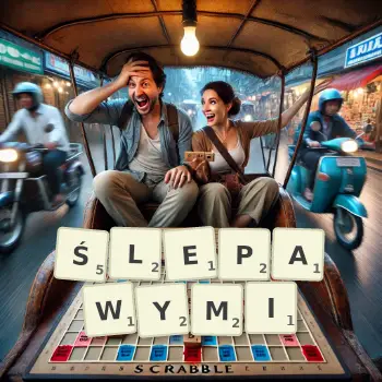 Kreatywna ilustracja do gry w Scrabble ze słowem ŚLEPAWYMI ułożonym z płytek na planszy.