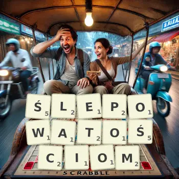 Kreatywna ilustracja do gry w Scrabble ze słowem ŚLEPOWATOŚCIOM ułożonym z płytek na planszy.