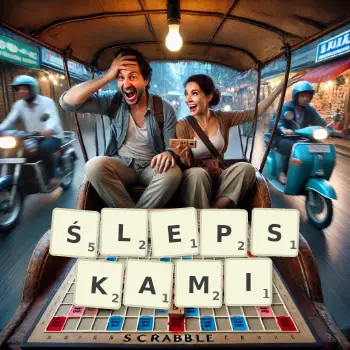 Kreatywna ilustracja do gry w Scrabble ze słowem ŚLEPSKAMI ułożonym z płytek na planszy.