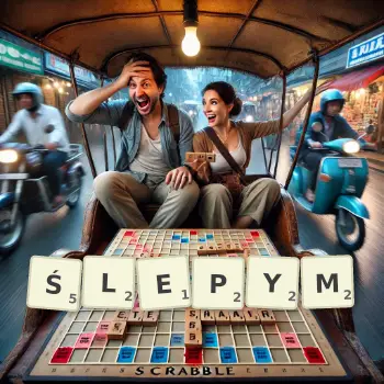 Kreatywna ilustracja do gry w Scrabble ze słowem ŚLEPYM ułożonym z płytek na planszy.
