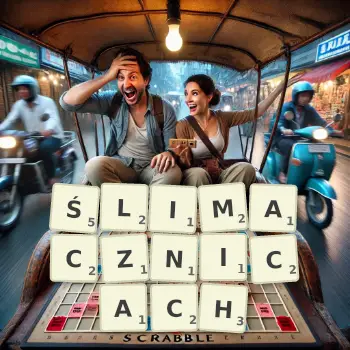 Kreatywna ilustracja do gry w Scrabble ze słowem ŚLIMACZNICACH ułożonym z płytek na planszy.