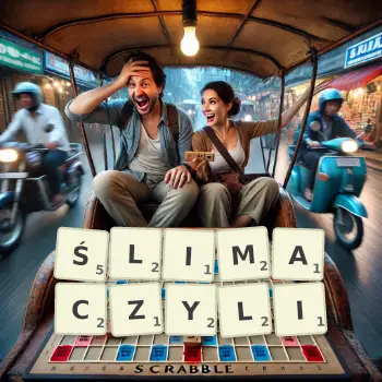 Kreatywna ilustracja do gry w Scrabble ze słowem ŚLIMACZYLI ułożonym z płytek na planszy.