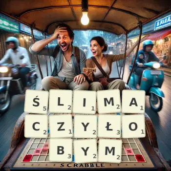 Kreatywna ilustracja do gry w Scrabble ze słowem ŚLIMACZYŁOBYM ułożonym z płytek na planszy.