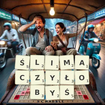 Kreatywna ilustracja do gry w Scrabble ze słowem ŚLIMACZYŁOBYŚ ułożonym z płytek na planszy.