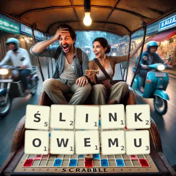 Kreatywna ilustracja do gry w Scrabble ze słowem ŚLINKOWEMU ułożonym z płytek na planszy.