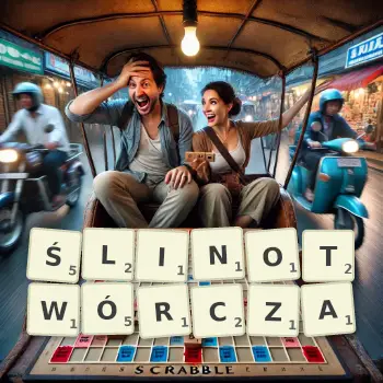 Kreatywna ilustracja do gry w Scrabble ze słowem ŚLINOTWÓRCZA ułożonym z płytek na planszy.