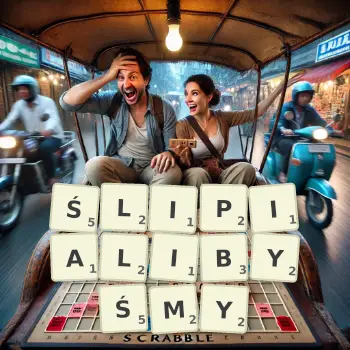Kreatywna ilustracja do gry w Scrabble ze słowem ŚLIPIALIBYŚMY ułożonym z płytek na planszy.