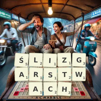 Kreatywna ilustracja do gry w Scrabble ze słowem ŚLIZGARSTWACH ułożonym z płytek na planszy.