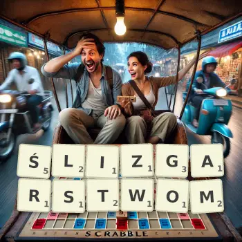 Kreatywna ilustracja do gry w Scrabble ze słowem ŚLIZGARSTWOM ułożonym z płytek na planszy.