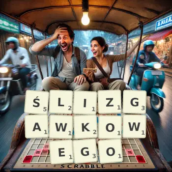 Kreatywna ilustracja do gry w Scrabble ze słowem ŚLIZGAWKOWEGO ułożonym z płytek na planszy.