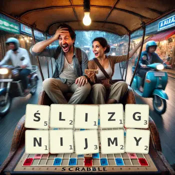 Kreatywna ilustracja do gry w Scrabble ze słowem ŚLIZGNIJMY ułożonym z płytek na planszy.