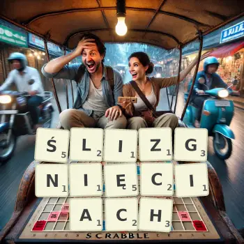Kreatywna ilustracja do gry w Scrabble ze słowem ŚLIZGNIĘCIACH ułożonym z płytek na planszy.