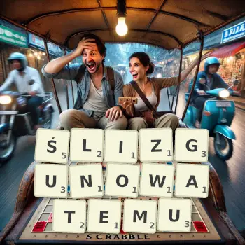 Kreatywna ilustracja do gry w Scrabble ze słowem ŚLIZGUNOWATEMU ułożonym z płytek na planszy.