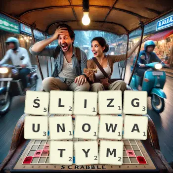 Kreatywna ilustracja do gry w Scrabble ze słowem ŚLIZGUNOWATYM ułożonym z płytek na planszy.