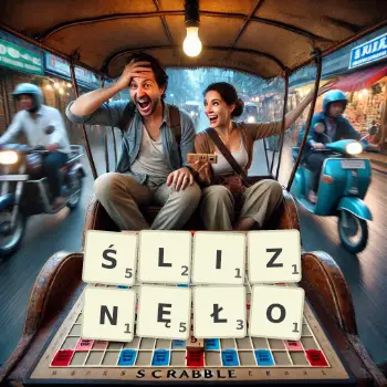 Kreatywna ilustracja do gry w Scrabble ze słowem ŚLIZNĘŁO ułożonym z płytek na planszy.