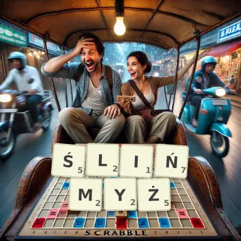 Kreatywna ilustracja do gry w Scrabble ze słowem ŚLIŃMYŻ ułożonym z płytek na planszy.