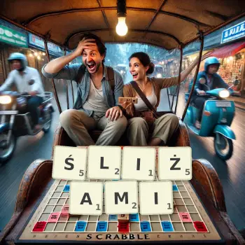 Kreatywna ilustracja do gry w Scrabble ze słowem ŚLIŻAMI ułożonym z płytek na planszy.