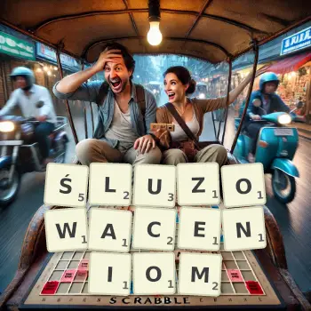 Kreatywna ilustracja do gry w Scrabble ze słowem ŚLUZOWACENIOM ułożonym z płytek na planszy.