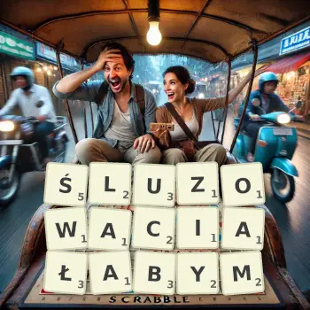 Kreatywna ilustracja do gry w Scrabble ze słowem ŚLUZOWACIAŁABYM ułożonym z płytek na planszy.