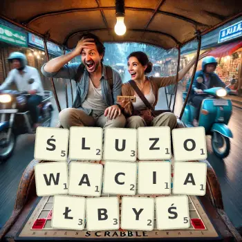 Kreatywna ilustracja do gry w Scrabble ze słowem ŚLUZOWACIAŁBYŚ ułożonym z płytek na planszy.