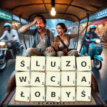 Kreatywna ilustracja do gry w Scrabble ze słowem ŚLUZOWACIAŁOBYŚ ułożonym z płytek na planszy.