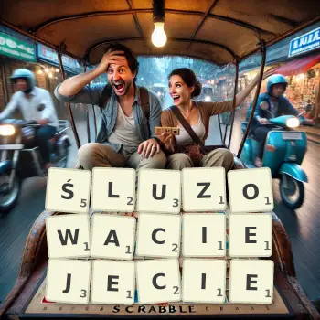Kreatywna ilustracja do gry w Scrabble ze słowem ŚLUZOWACIEJECIE ułożonym z płytek na planszy.