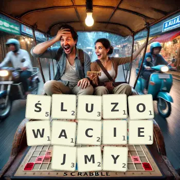 Kreatywna ilustracja do gry w Scrabble ze słowem ŚLUZOWACIEJMY ułożonym z płytek na planszy.