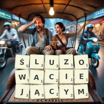 Kreatywna ilustracja do gry w Scrabble ze słowem ŚLUZOWACIEJĄCYM ułożonym z płytek na planszy.