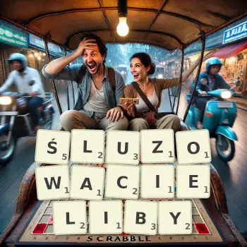 Kreatywna ilustracja do gry w Scrabble ze słowem ŚLUZOWACIELIBY ułożonym z płytek na planszy.