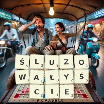 Kreatywna ilustracja do gry w Scrabble ze słowem ŚLUZOWAŁYŚCIE ułożonym z płytek na planszy.