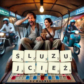 Kreatywna ilustracja do gry w Scrabble ze słowem ŚLUZUJCIEŻ ułożonym z płytek na planszy.