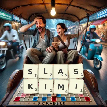 Kreatywna ilustracja do gry w Scrabble ze słowem ŚLĄSKIMI ułożonym z płytek na planszy.