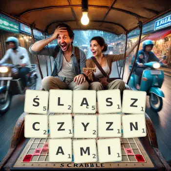 Kreatywna ilustracja do gry w Scrabble ze słowem ŚLĄSZCZYZNAMI ułożonym z płytek na planszy.