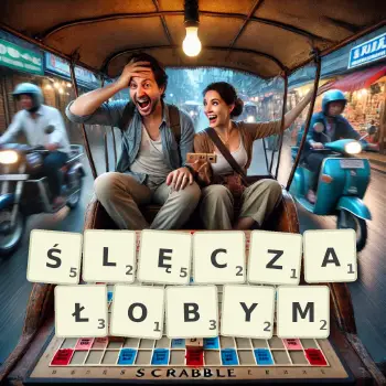 Kreatywna ilustracja do gry w Scrabble ze słowem ŚLĘCZAŁOBYM ułożonym z płytek na planszy.