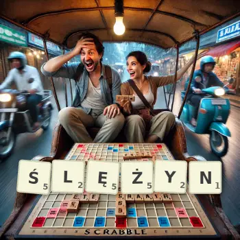 Kreatywna ilustracja do gry w Scrabble ze słowem ŚLĘŻYN ułożonym z płytek na planszy.