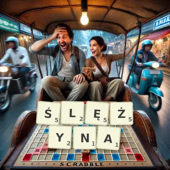 Kreatywna ilustracja do gry w Scrabble ze słowem ŚLĘŻYNA ułożonym z płytek na planszy.