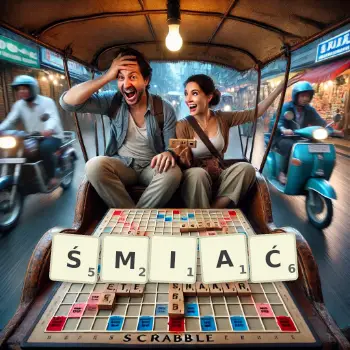 Kreatywna ilustracja do gry w Scrabble ze słowem ŚMIAĆ ułożonym z płytek na planszy.