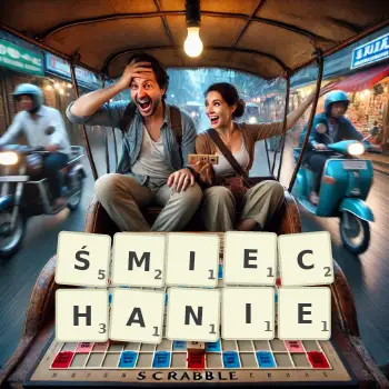 Kreatywna ilustracja do gry w Scrabble ze słowem ŚMIECHANIE ułożonym z płytek na planszy.