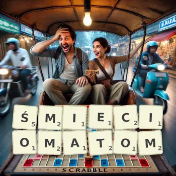 Kreatywna ilustracja do gry w Scrabble ze słowem ŚMIECIOMATOM ułożonym z płytek na planszy.