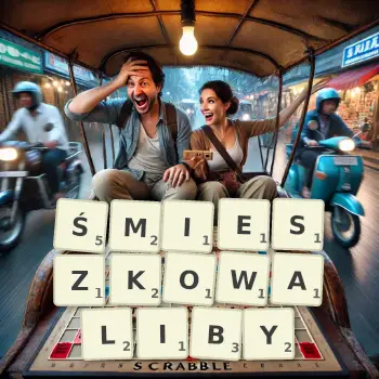 Kreatywna ilustracja do gry w Scrabble ze słowem ŚMIESZKOWALIBY ułożonym z płytek na planszy.