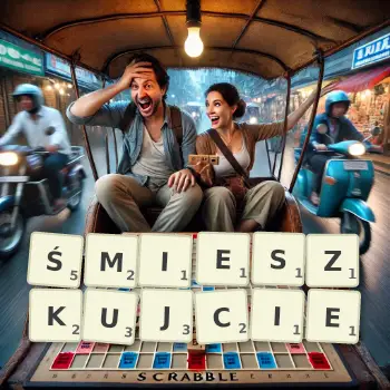 Kreatywna ilustracja do gry w Scrabble ze słowem ŚMIESZKUJCIE ułożonym z płytek na planszy.