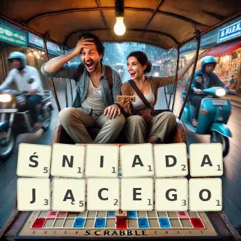 Kreatywna ilustracja do gry w Scrabble ze słowem ŚNIADAJĄCEGO ułożonym z płytek na planszy.