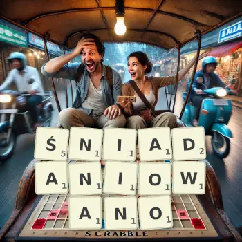 Kreatywna ilustracja do gry w Scrabble ze słowem ŚNIADANIOWANO ułożonym z płytek na planszy.